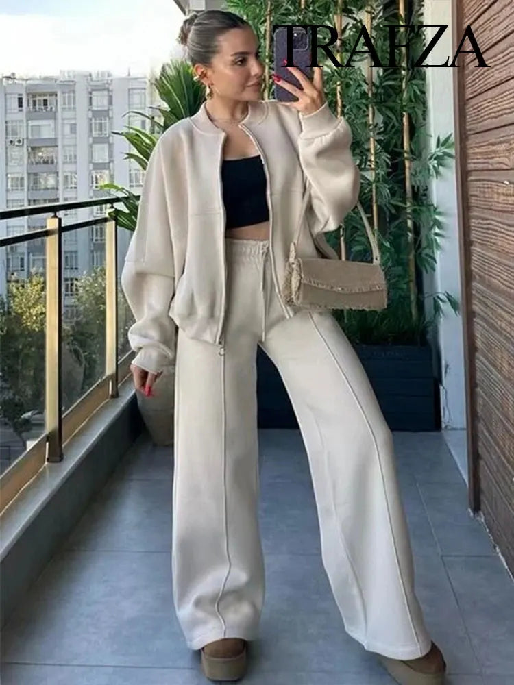 TRAFZA 2023 Women Sets Casual Solid Bomber Jackets Long Sleeve Zipper Sweatshirt Coat + Elastic Waist Pant Elegant Solid Suit