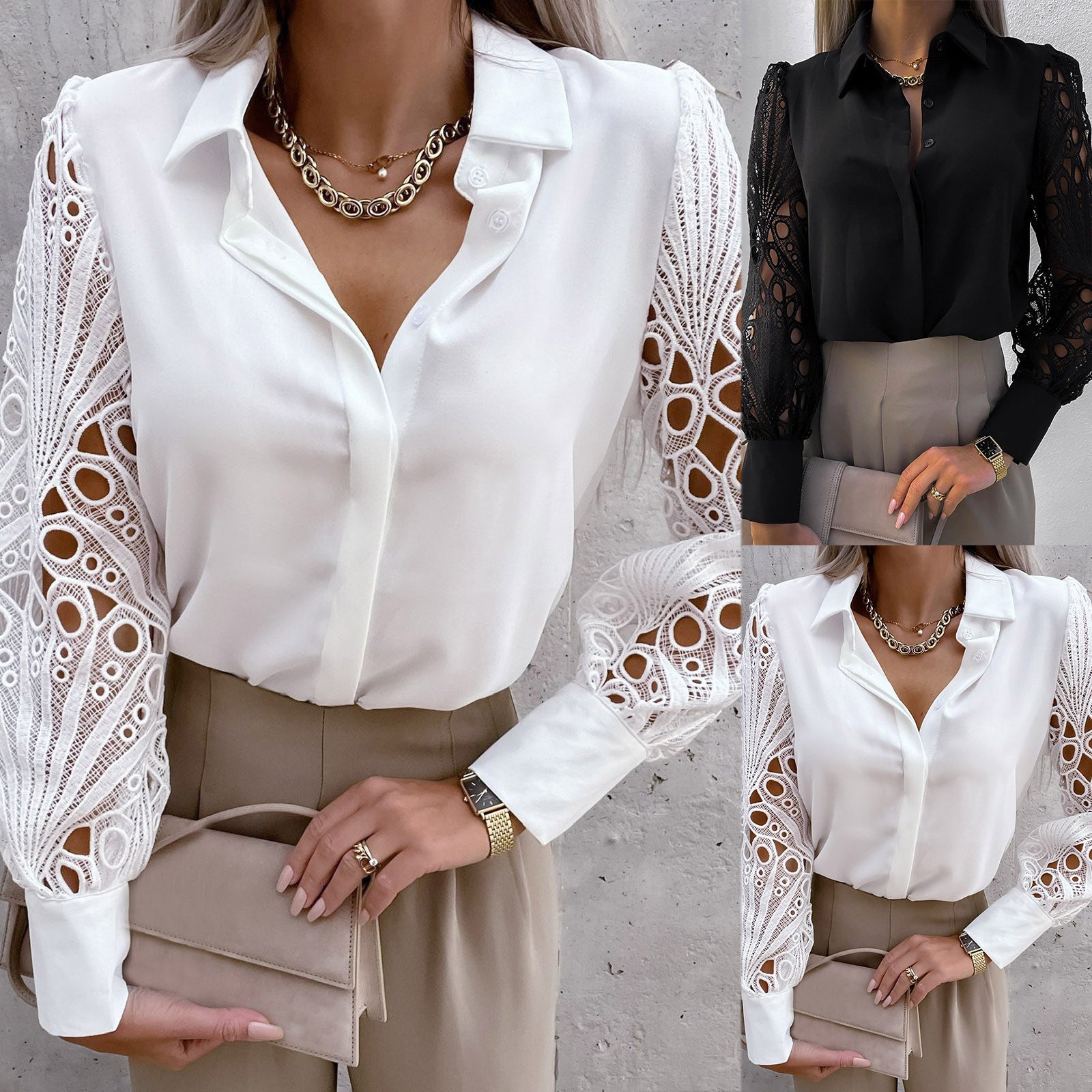 Black OL Blouse Women 2023 New Elegant Lace Hollow Out  Vintage Button Up Shirts Top Long Sleeve Mesh Design Tops Femme Shirts