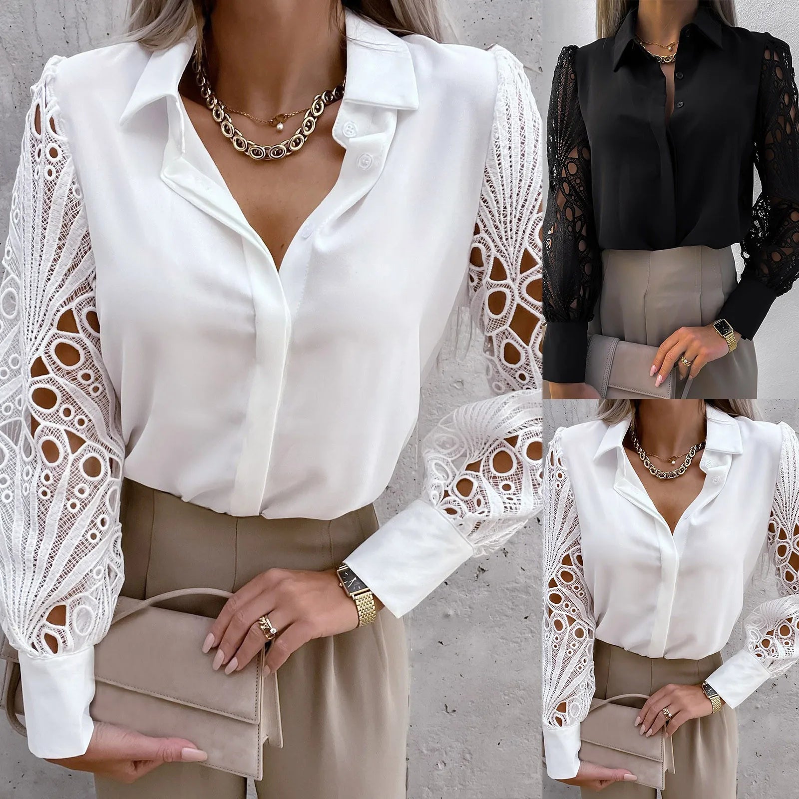 Black OL Blouse Women 2023 New Elegant Lace Hollow Out  Vintage Button Up Shirts Top Long Sleeve Mesh Design Tops Femme Shirts