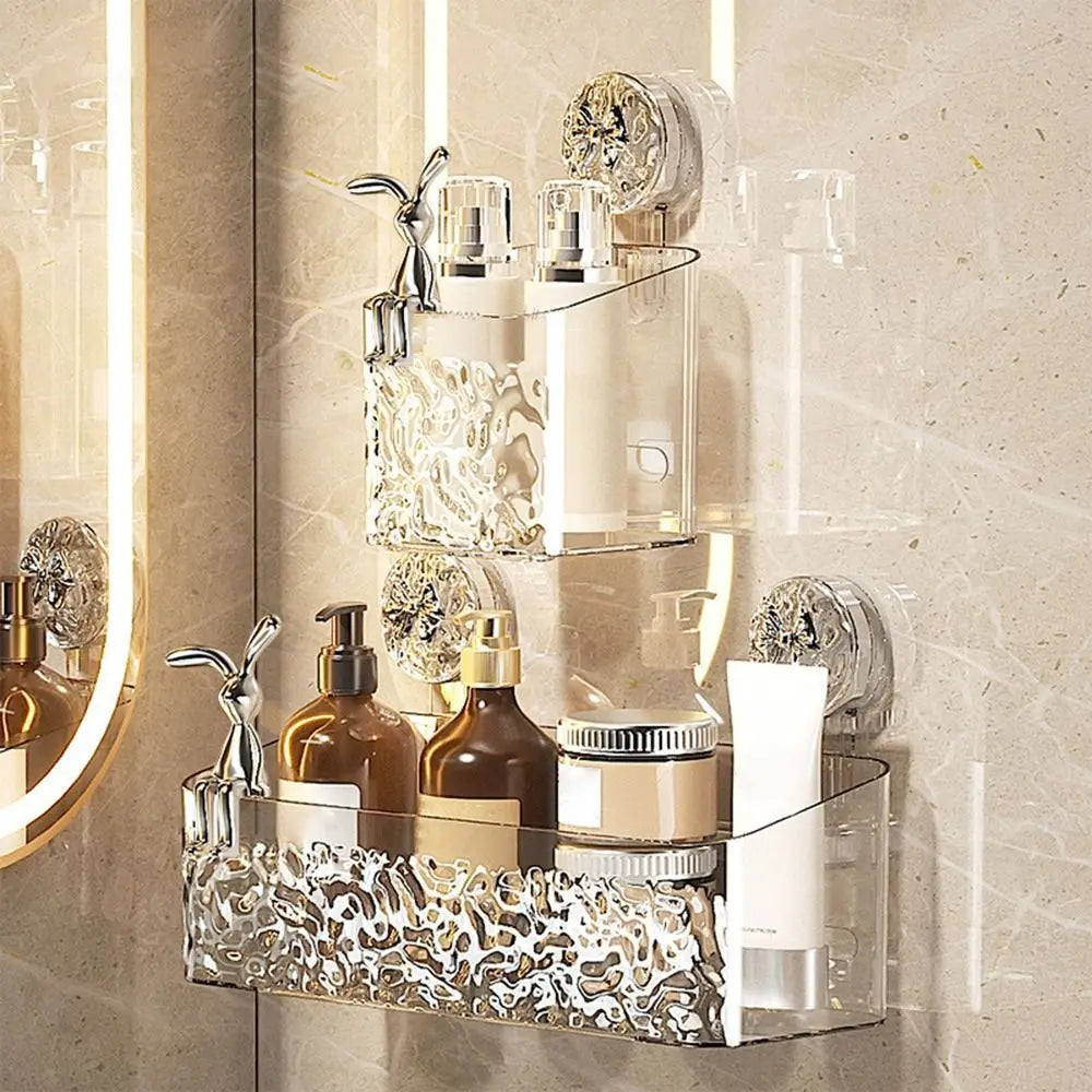 Plastic Shower Suction Cup Shelf Glacier Pattern Transparent Wall Storage Rack Punch Free Draining Basket Holder Bathroom