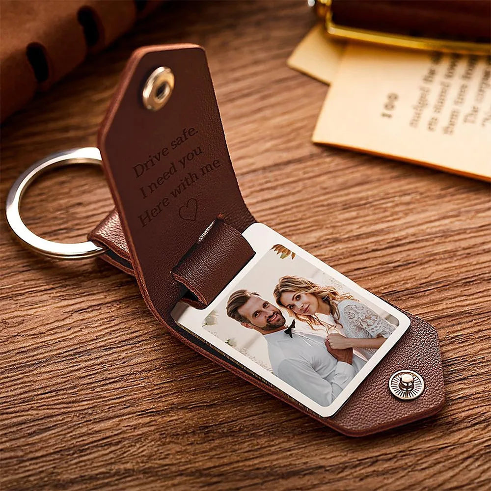 Leather Keychain Photo UV Color Printing Custom KeyChain Personalized Text Engraved Calendar Date Customized Jewelry Stainless