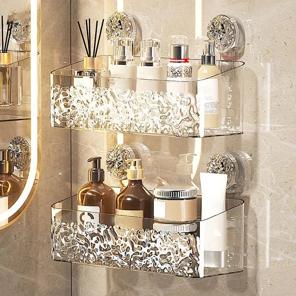 Plastic Shower Suction Cup Shelf Glacier Pattern Transparent Wall Storage Rack Punch Free Draining Basket Holder Bathroom