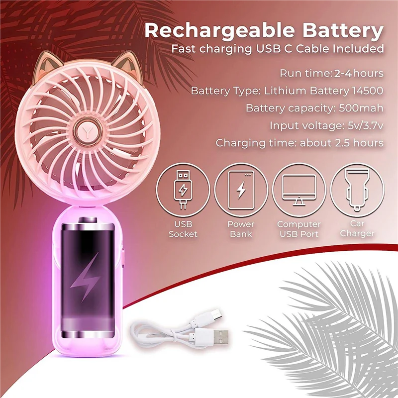 Portable Hand Held Fan with Cat Ears - Mini Fan with USB Rechargeable Battery Foldable Small Fan (Pink)