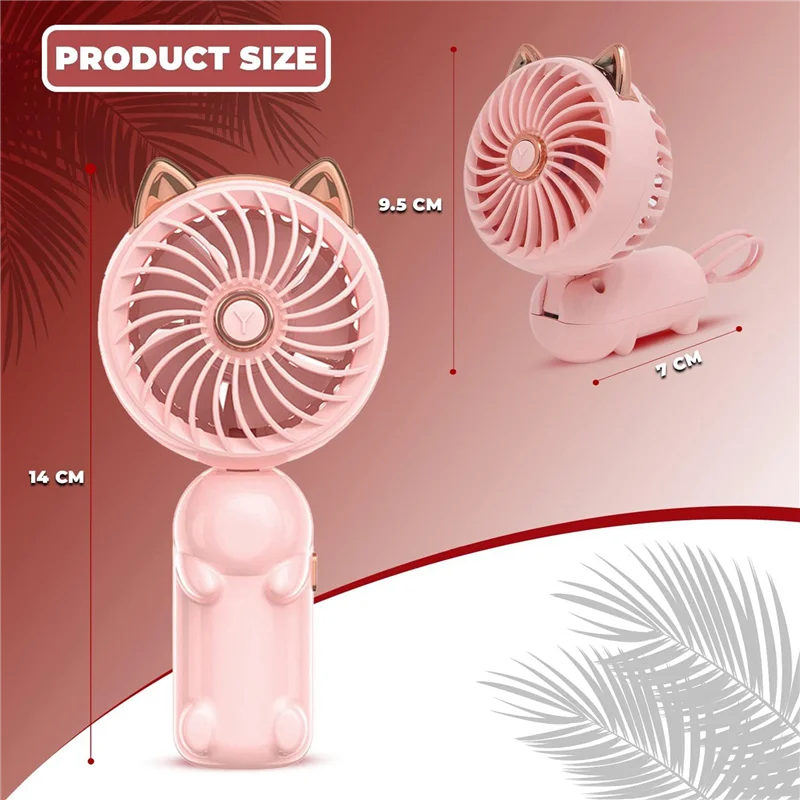 Portable Hand Held Fan with Cat Ears - Mini Fan with USB Rechargeable Battery Foldable Small Fan (Pink)