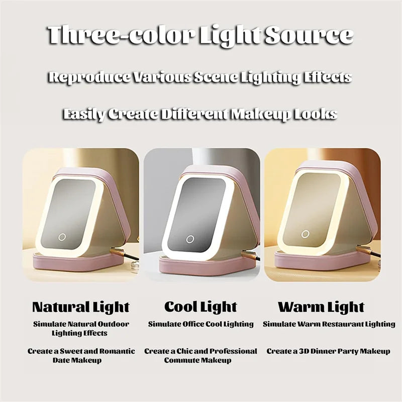 LED Mirror Makeup Brushes Storage Box Portable Travel Makeup Case Cosmetic Bag Three-Color Adjustable Makeup Tools Storage Box
