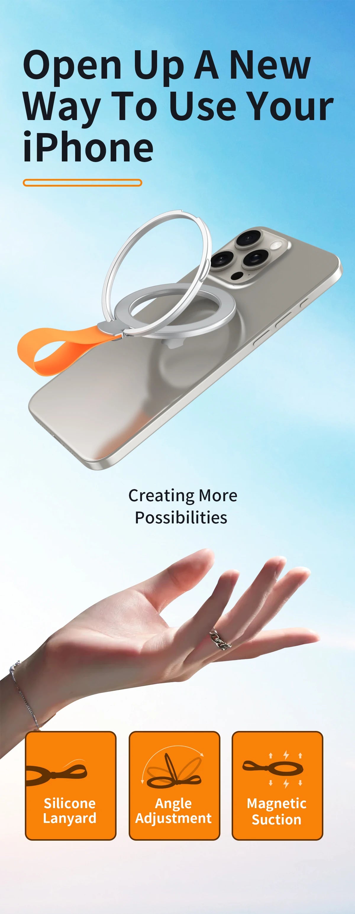 MagSafe Magnetic Ring Phone Holder with Silicone Cord Rotating Kickstand for Iphone15 14 13 12 Series Desktop AlloyBuckle Stand