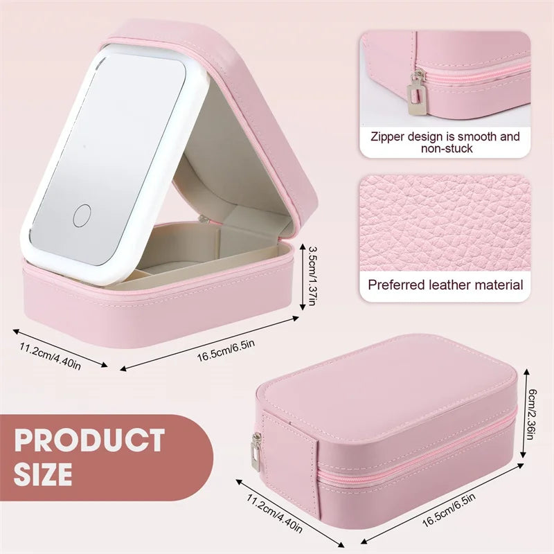 LED Mirror Makeup Brushes Storage Box Portable Travel Makeup Case Cosmetic Bag Three-Color Adjustable Makeup Tools Storage Box