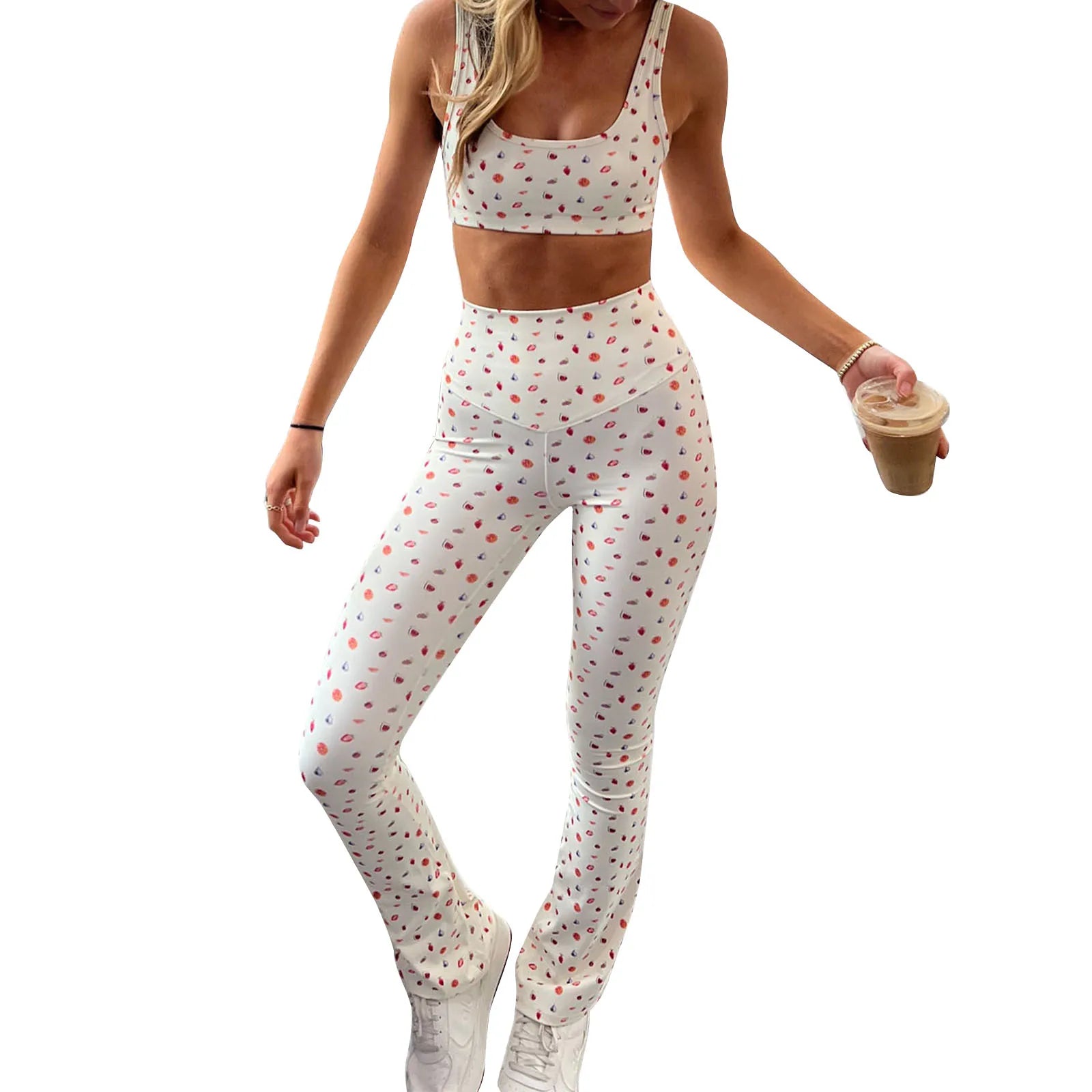 Women s Summer Yoga Sportswear Floral Print Cross Back Bra with Mid Rise Compression Leggings Set