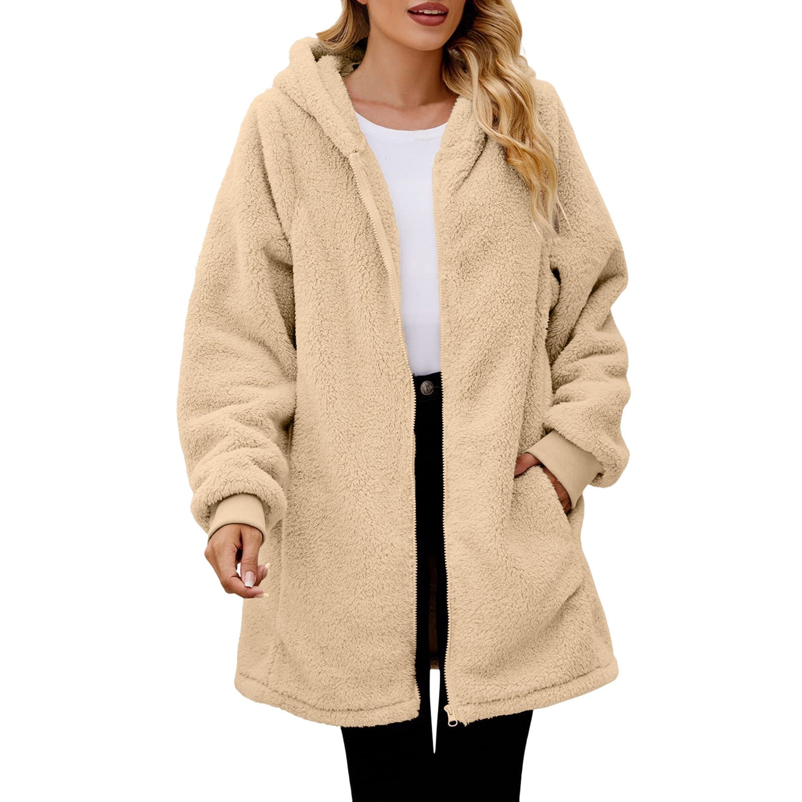 Women's Oversized Plush Jacket Solid Color Zippers Hooded Streetwear Cardigan Autumn And Winter Fleece Outerwear Chaquetas