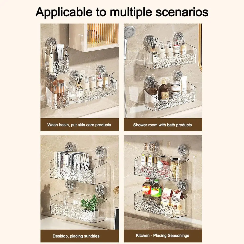 Plastic Shower Suction Cup Shelf Glacier Pattern Transparent Wall Storage Rack Punch Free Draining Basket Holder Bathroom