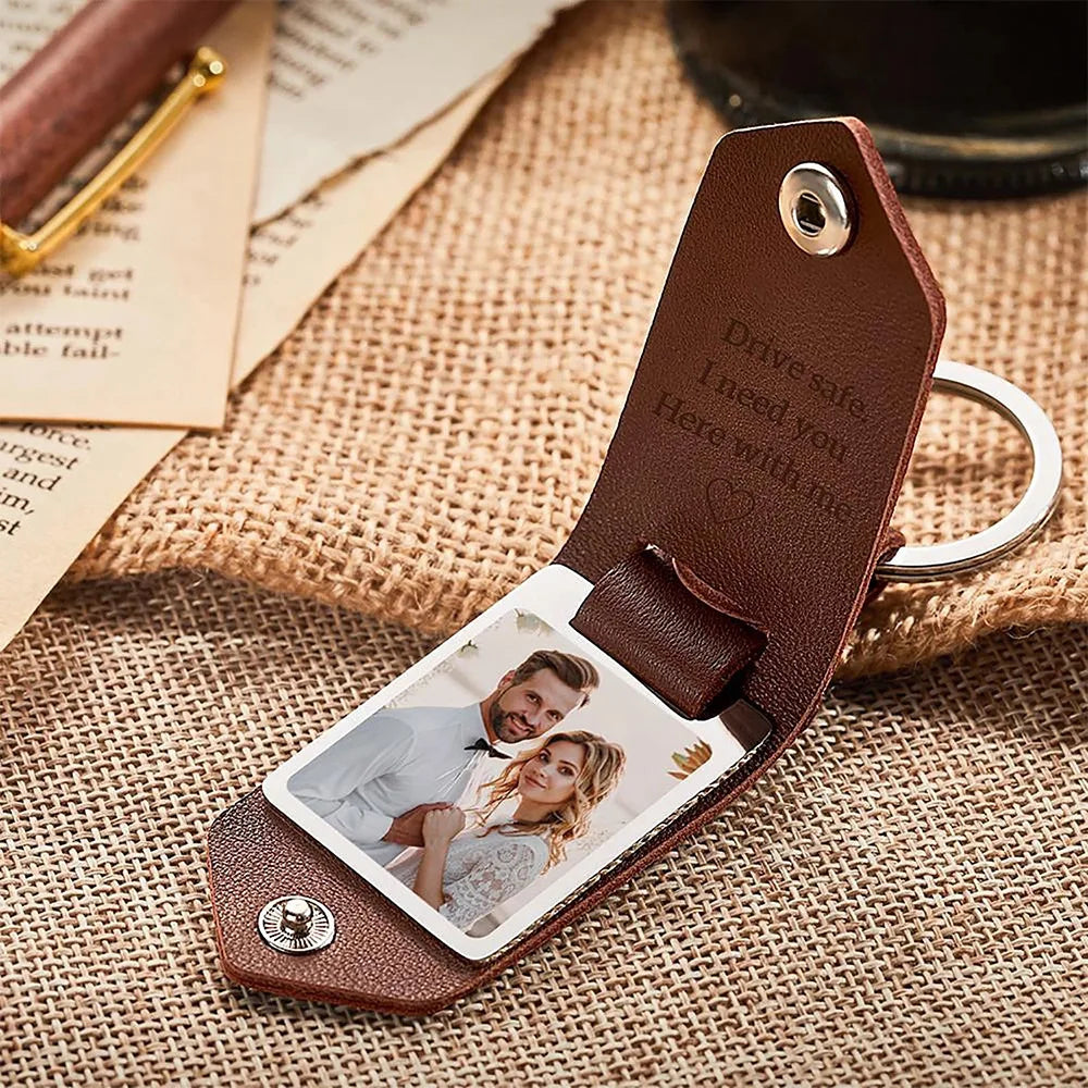 Leather Keychain Photo UV Color Printing Custom KeyChain Personalized Text Engraved Calendar Date Customized Jewelry Stainless