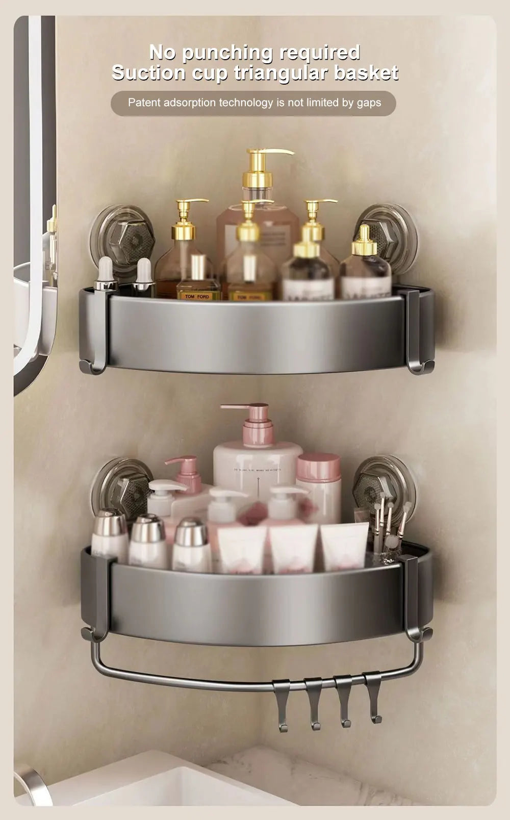 Bathroom Shelf With Suction Cup Aluminum Corner Shelf Without Drilling Wall-Mounted Gray Bathroom Organizer Bathroom Accessories