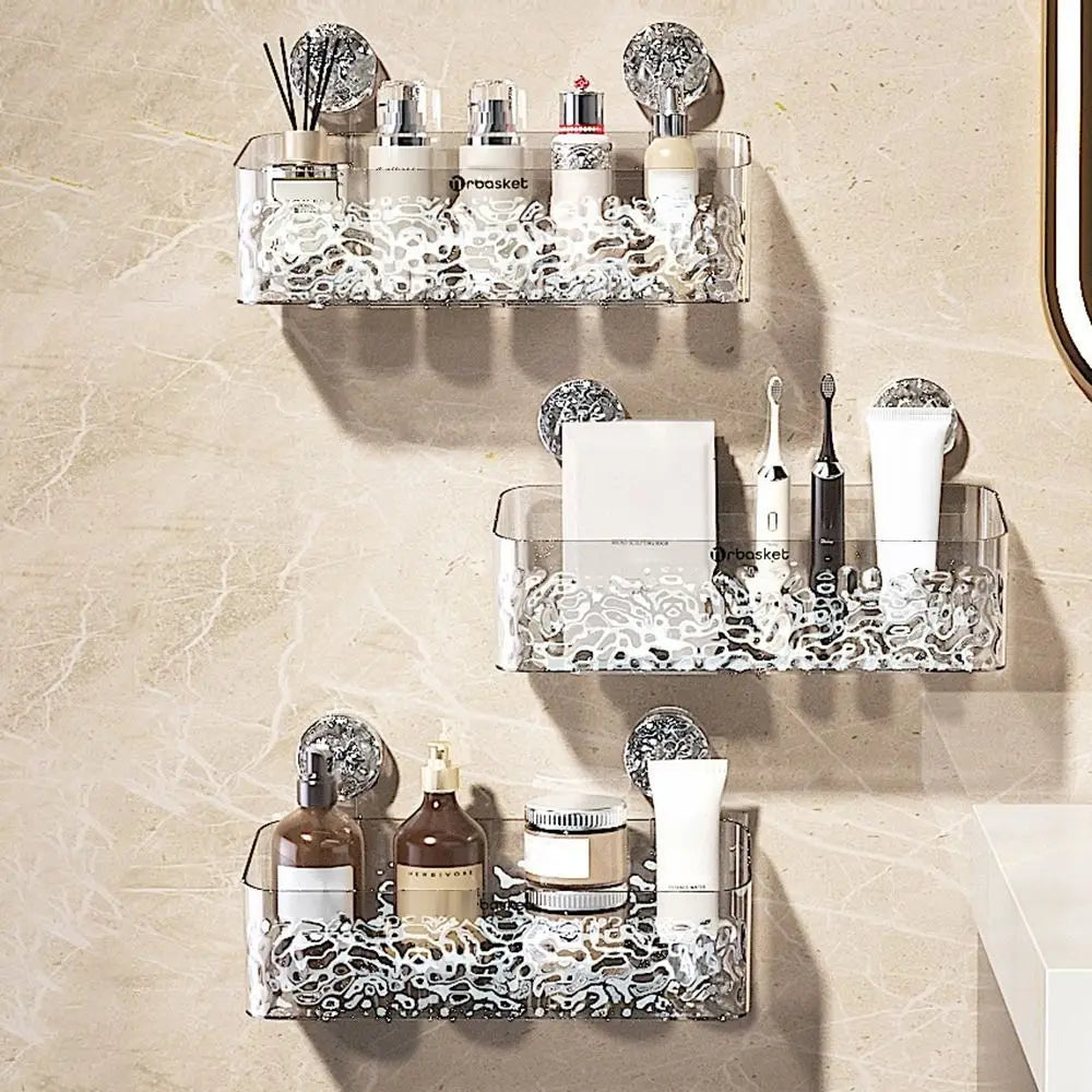 Plastic Shower Suction Cup Shelf Glacier Pattern Transparent Wall Storage Rack Punch Free Draining Basket Holder Bathroom