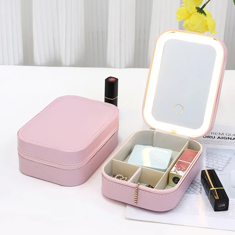 LED Mirror Makeup Brushes Storage Box Portable Travel Makeup Case Cosmetic Bag Three-Color Adjustable Makeup Tools Storage Box