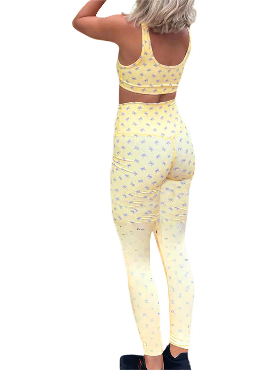Women s Summer Yoga Sportswear Floral Print Cross Back Bra with Mid Rise Compression Leggings Set