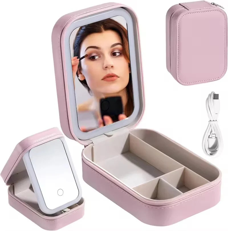 Rechargeable LED Makeup Mirror, Portable Travel Cosmetic Storage Box, Travel Makeup Case with 3-Color Adjustable Light Mirror.