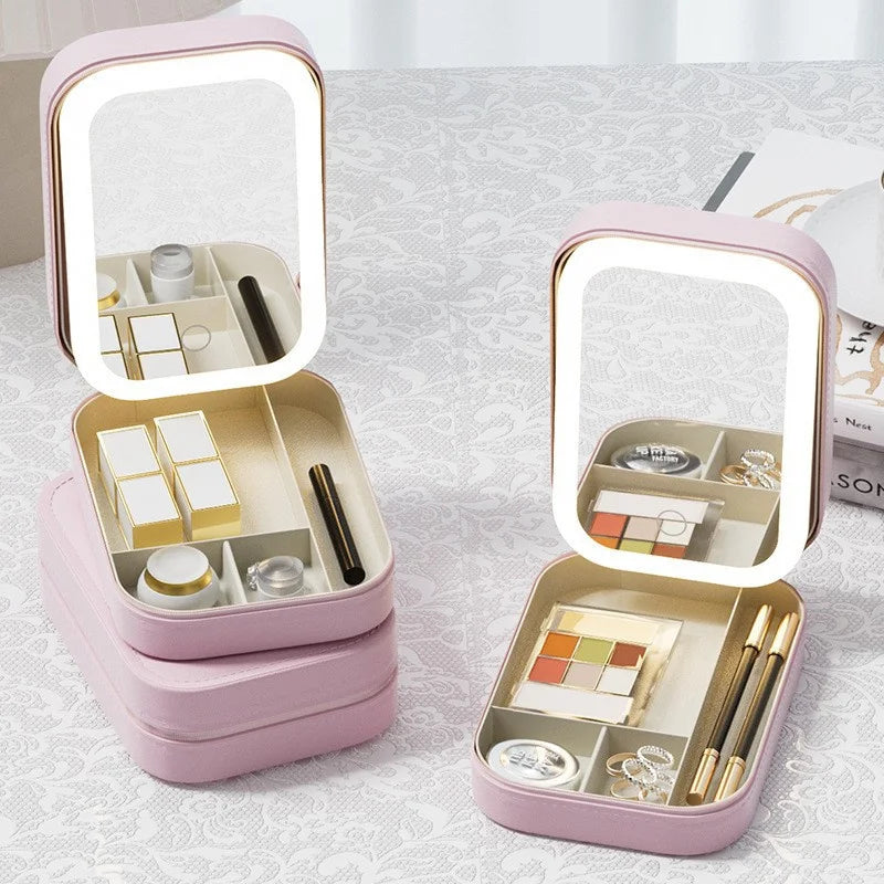 LED Mirror Makeup Brushes Storage Box Portable Travel Makeup Case Cosmetic Bag Three-Color Adjustable Makeup Tools Storage Box