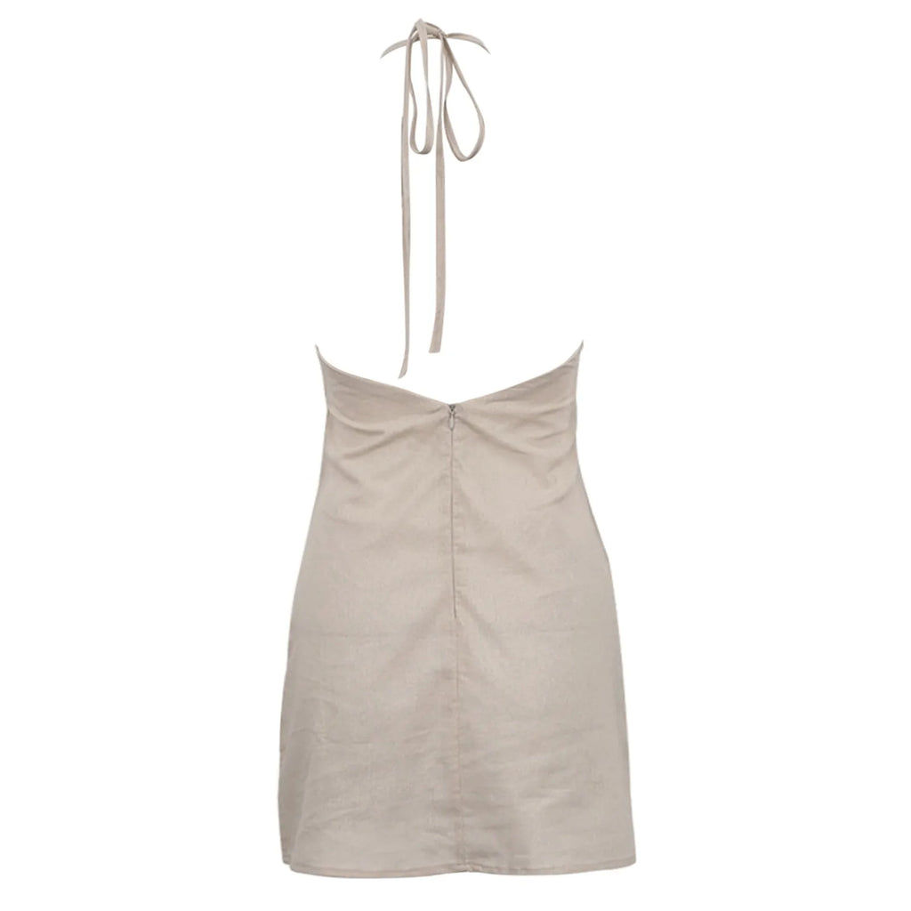 Sexy Halter Cotton Linen Short Dresses Women Solid Beach Party Loose Fit Dress Summer Bohemian Midi Dress Outfits For Summer