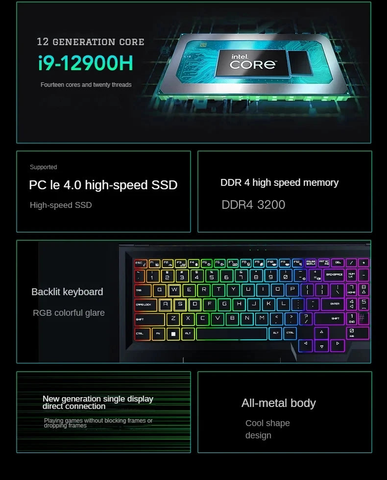 Intel Core i9-12900H Laptop NVIDIA RTX 3060 6G Notebook 16 inch Windows 1114 Cores 20 Threads 64GB DDR4 4TB SSD WiFi5 BT5.2 PC