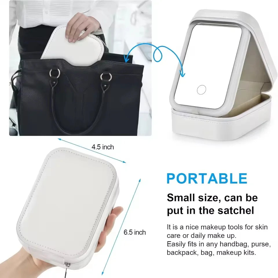 Rechargeable LED Makeup Mirror, Portable Travel Cosmetic Storage Box, Travel Makeup Case with 3-Color Adjustable Light Mirror.