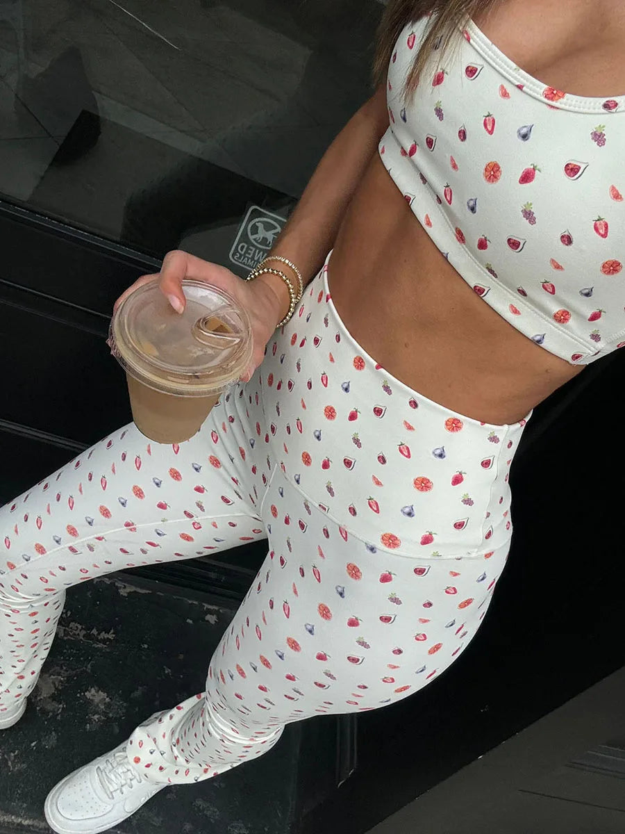 Women s Summer Yoga Sportswear Floral Print Cross Back Bra with Mid Rise Compression Leggings Set