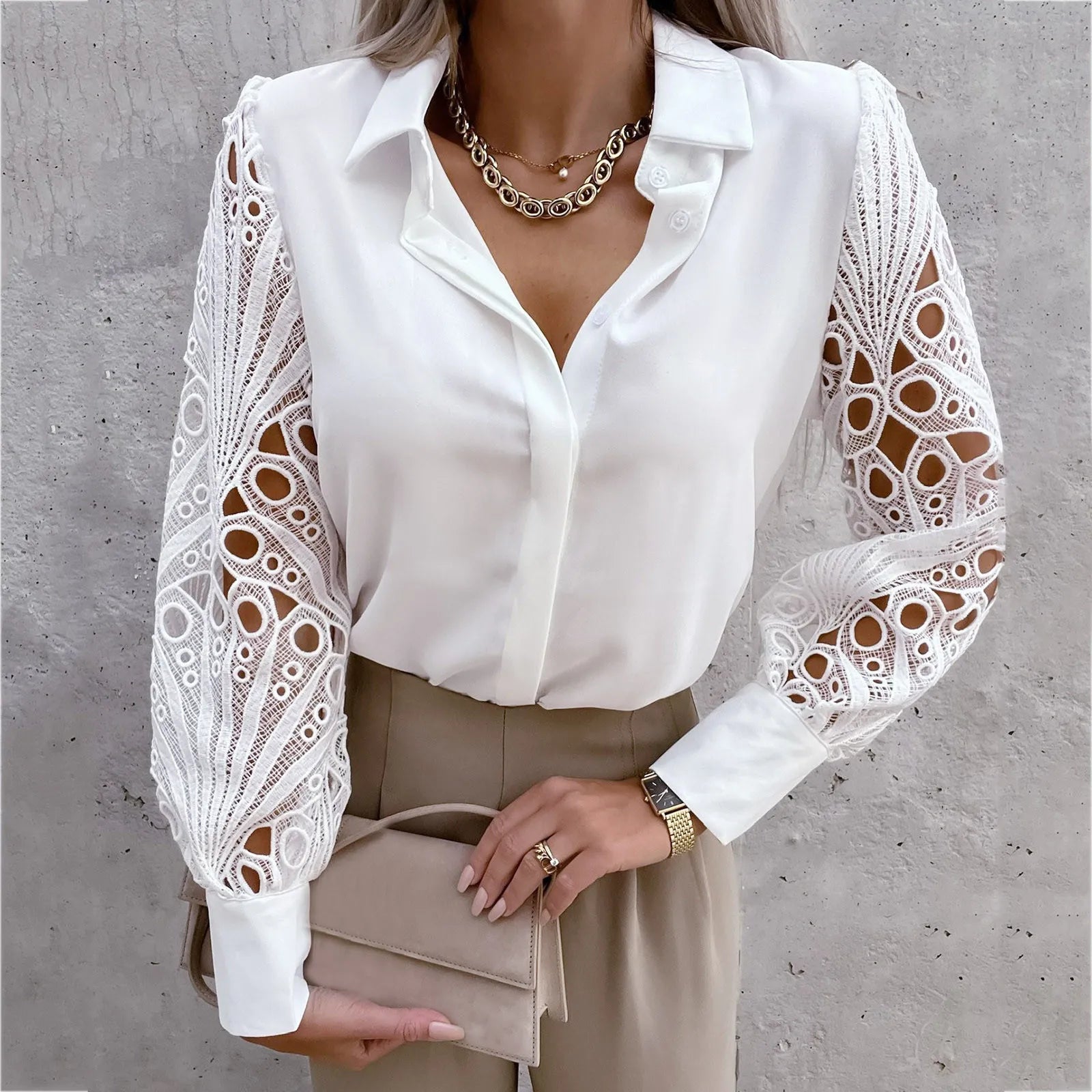Black OL Blouse Women 2023 New Elegant Lace Hollow Out  Vintage Button Up Shirts Top Long Sleeve Mesh Design Tops Femme Shirts
