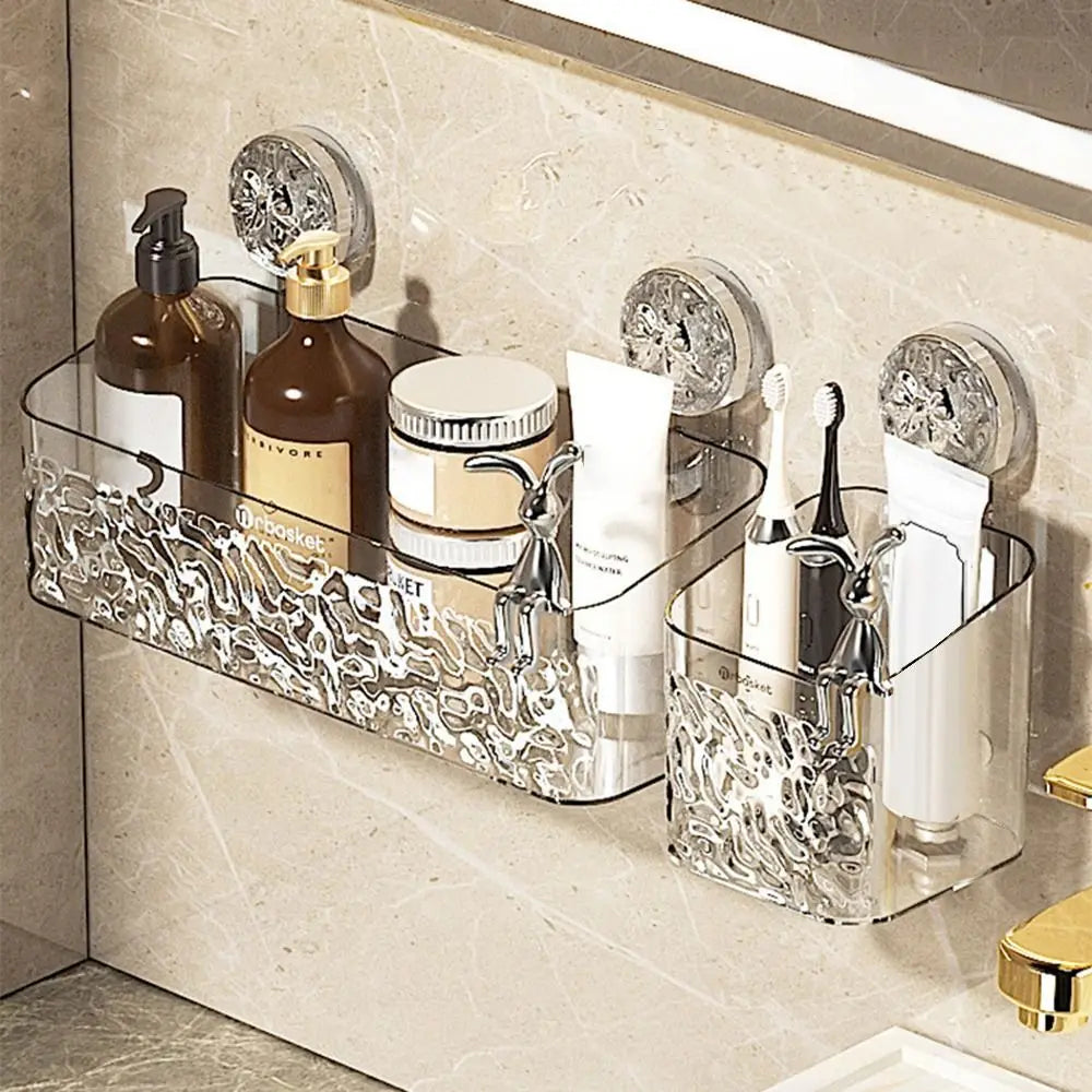 Plastic Shower Suction Cup Shelf Glacier Pattern Transparent Wall Storage Rack Punch Free Draining Basket Holder Bathroom