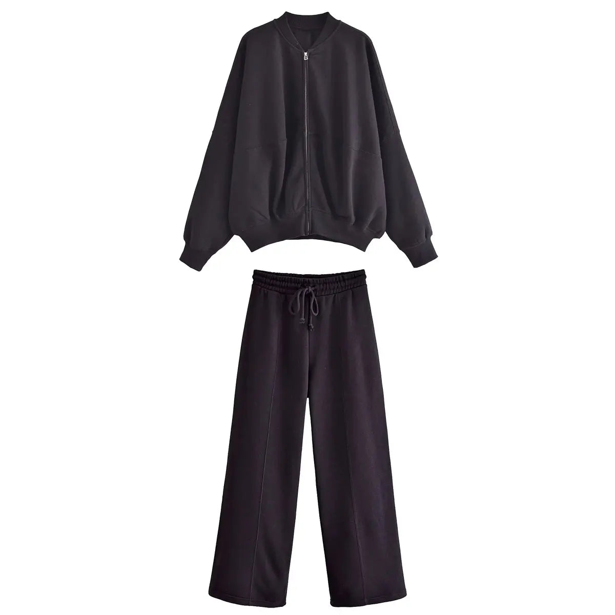 TRAFZA 2023 Women Sets Casual Solid Bomber Jackets Long Sleeve Zipper Sweatshirt Coat + Elastic Waist Pant Elegant Solid Suit