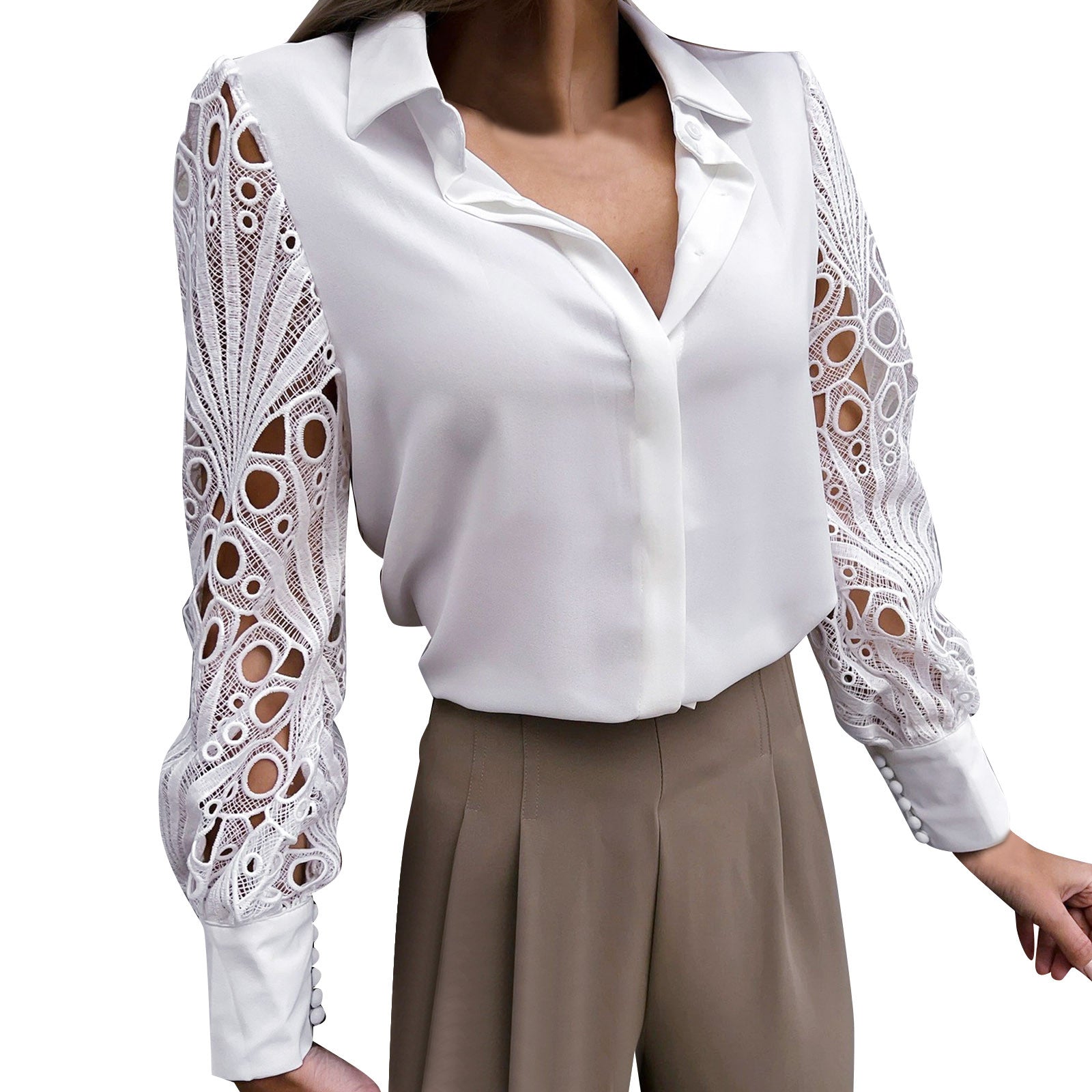 Black OL Blouse Women 2023 New Elegant Lace Hollow Out  Vintage Button Up Shirts Top Long Sleeve Mesh Design Tops Femme Shirts