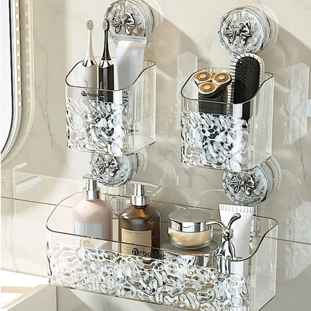 Plastic Shower Suction Cup Shelf Glacier Pattern Transparent Wall Storage Rack Punch Free Draining Basket Holder Bathroom