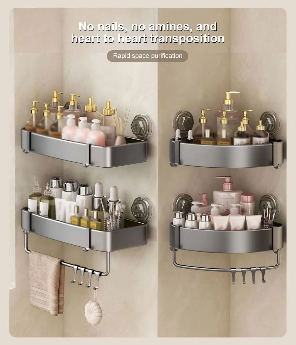 Bathroom Shelf With Suction Cup Aluminum Corner Shelf Without Drilling Wall-Mounted Gray Bathroom Organizer Bathroom Accessories