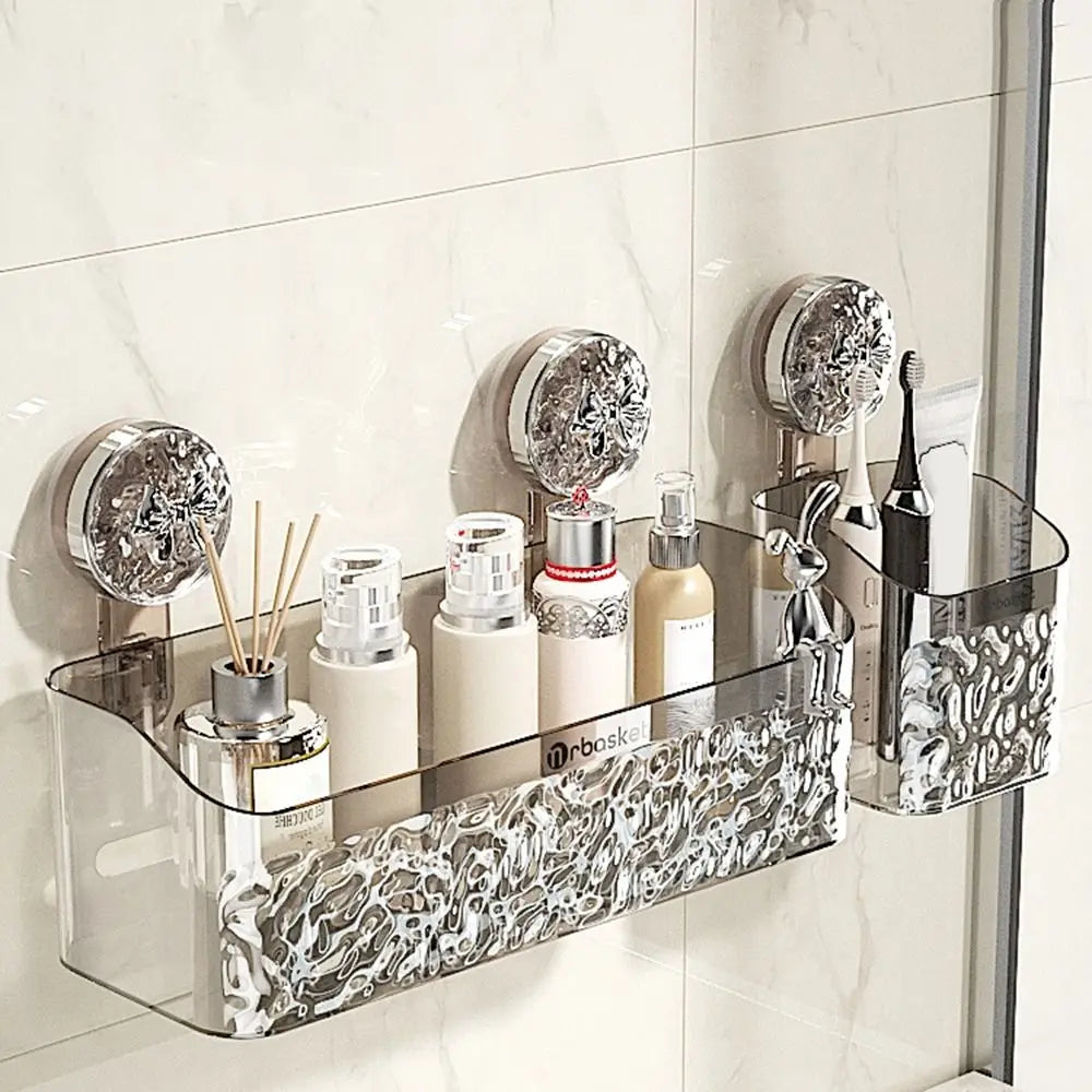 Plastic Shower Suction Cup Shelf Glacier Pattern Transparent Wall Storage Rack Punch Free Draining Basket Holder Bathroom