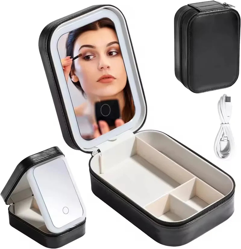 Rechargeable LED Makeup Mirror, Portable Travel Cosmetic Storage Box, Travel Makeup Case with 3-Color Adjustable Light Mirror.