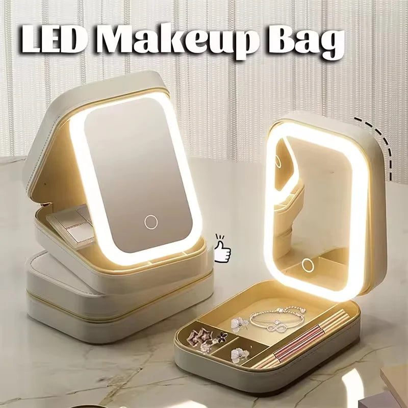 Rechargeable LED Makeup Mirror, Portable Travel Cosmetic Storage Box, Travel Makeup Case with 3-Color Adjustable Light Mirror.